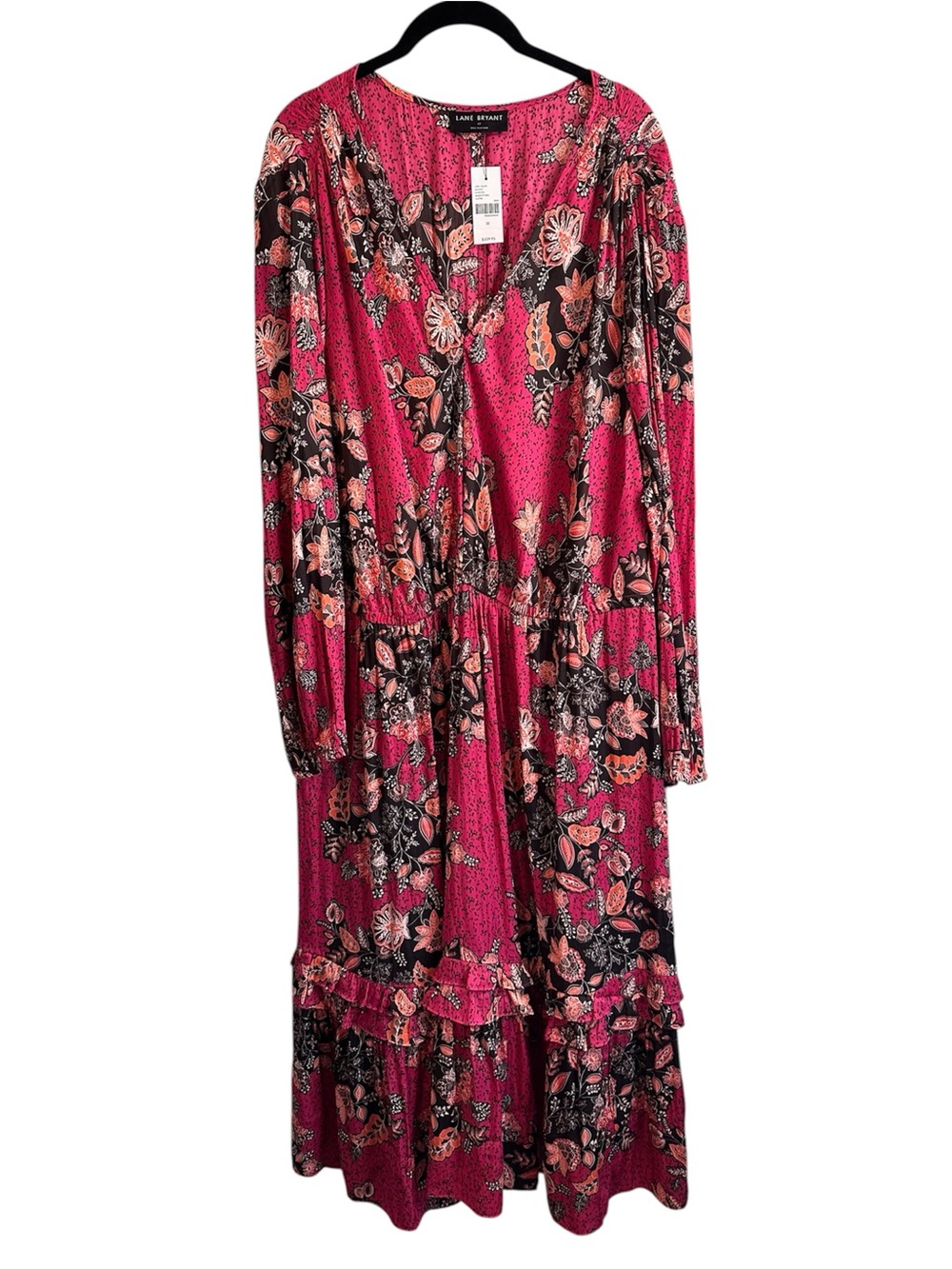 Lane Bryant Fuchsia Floral Tiered V-Neck Long Sleeve Dress